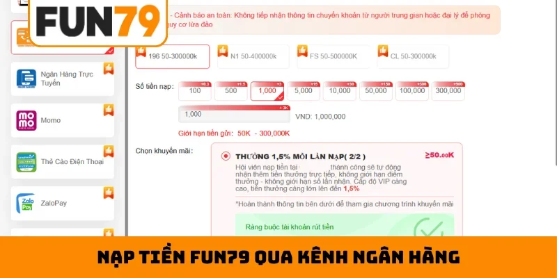 Nạp tiền Fun79 qua kênh ngân hàng